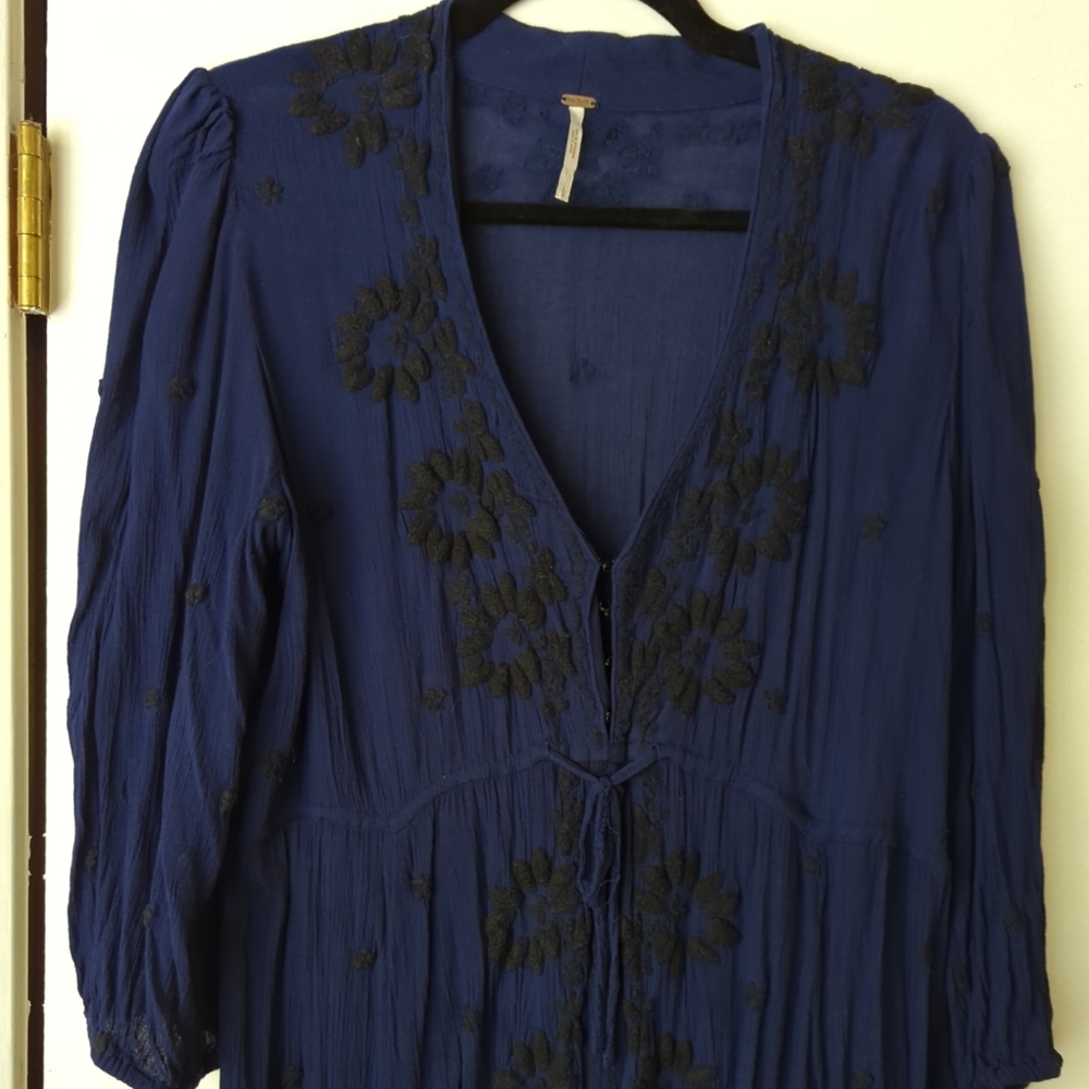 Free People Embroidered Fable Maxi Dress L Deep Blue with Black